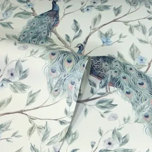 Arthouse Keeka Bird Blue Peacock Floral Feather Navy Natural Off White Wallpaper