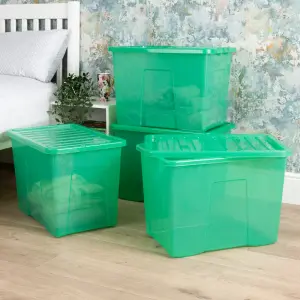 Wham Crystal 4x 80L Plastic Storage Boxes with Lids. Large Size, Strong. Made in the UK Tint Leprechaun Green