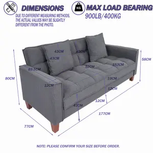 3 Seater Sofa, 177 cm Modern Fabric Upholstered Sofa Couch - Max Load 330LBS