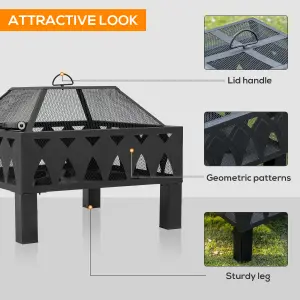 Outsunny Outdoor Fire Pit with Screen and Poker, Backyard Wood Burner, Black