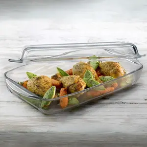 Queensway Home & Dining Height 6cm Borcam Pyrex Glass Rectangle Casserole Baking Dish Oven Bakeware with Lid