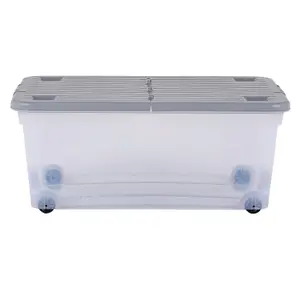 5 x Wham 45L Stackable Plastic Storage Box with Wheels & Folding Lid Clear/Cool Grey