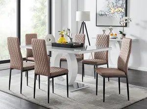 Giovani Rectangular 6 Seat White High Gloss Unique Halo Dining Table Grey Glass Top 6 Beige Faux Leather Black Leg Milan Chairs