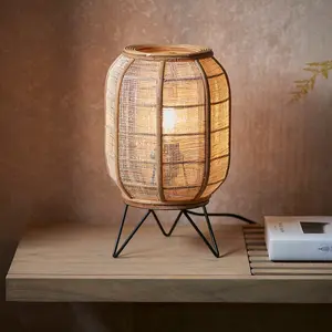 Luminosa Zaire Complete Table Lamp, Natural Linen, Natural Bamboo, Matt Black