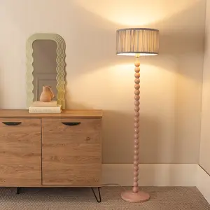 ValueLights Bobbins Painted Rose Floor Lamp with Ruched Pleated Powder Blue Drum Shade and LED Bulb