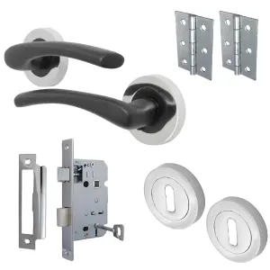 Zena Door Handle Lock Key Set Modern Matt Black Lever on Chrome Rose Internal Escutcheon