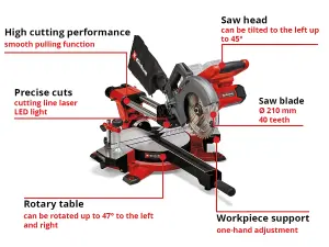 Einhell Power X-Change Cordless Sliding Mitre Saw 36V Drag Crosscut 45 Degree Tilt TE-SM 36/210 Li-Solo - Body Only