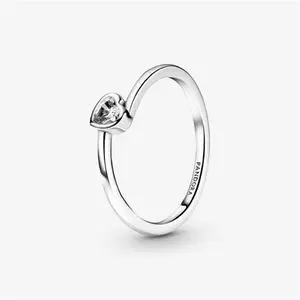 Pandora Clear Tilted Heart Solitaire Ring - Sterling Silver / Cubic Zirconia - Sz. 56