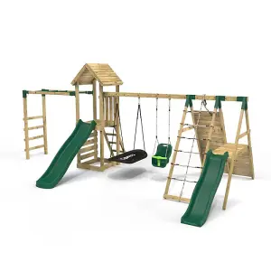 Rebo Wooden Climbing Frame with Swings, 2 Slides, Up & over Climbing wall and Monkey Bars - Cairngorm