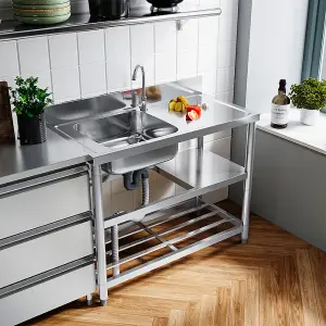 Right Hand Drainer Rectangle 1 Compartment Stainless Steel Sink with Shelves