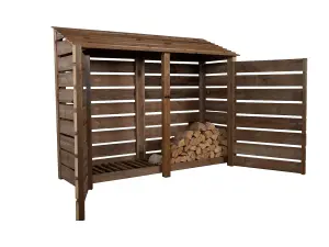 Slatted wooden log store with door W-227cm, H-180cm, D-88cm - brown finish