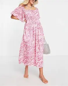 ASOS DESIGN Flutter Sleeve Beach Midaxi Dress In Pink Zebra-Multi - Multi (Size: 8)