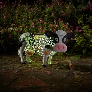 Solar Powered Silhouette Daisy Cow - Outdoor Garden Handmade Ornament with Scroll Effect Cut Out & LED Light - H26 x W38 x D24cm