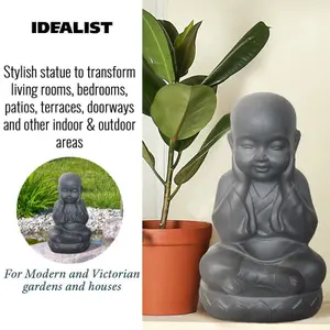 IDEALIST™ Buddha Statue 13.8 Inch Tall, Grey Reinforced Stone Sitting Baby Monk Figurine for Home and Garden L20 W17 H35 cm