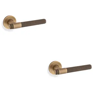 2 PACK - SOLID BRASS Knurled Door Handle Set - Antique Brass Bar Lever on Round Rose