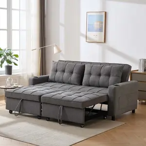 Hudson 3-Seater Sofa Bed Linen Fabric With Cup Holders Grey