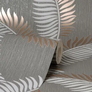 Cascade Leaf Wallpaper Grey / Rose Gold Fine Decor FD42839