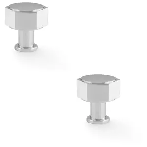 2 PACK - Industrial Hex Cabinet Door Knob - 33mm Polished Chrome Cupboard Pull Handle