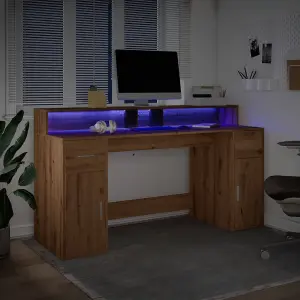 Berkfield Desk with LED Lights Artisian Oak 160x55x91 cm Engineered Wood