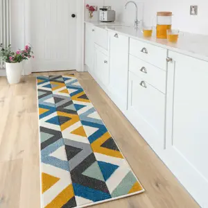 Navy Blue Ochre Diamond Geometric Living Area Runner Rug 60x240cm