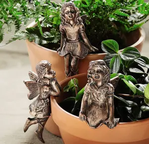 3 x Fairy Design Flowerpot Decorations - Weatherproof Indoor Outdoor Home Garden Plant Pot Percher Ornaments - Each 10cm