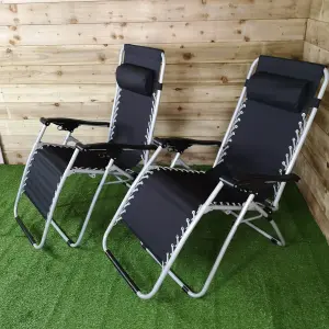 Pair of Multi Position Garden Gravity Relaxer Chair / Sun Lounger - BLACK/SILVER