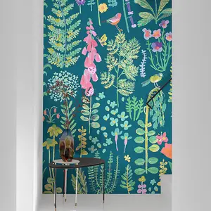 Grandeco Spring Meadow Flower Painted Sprig 3 panel repeatable wallpaper Mural, 2.8 x 1.59m, Dark Teal