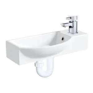 460mm Curved Wall Hung 1 Tap Hole Basin Chrome Hero Tap & Plastic Trap Waste