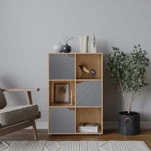 URBNLIVING 91cm Height Oak Wooden Cube Bookcase with Grey Line Door Display Shelf Storage Shelving Cupboard