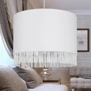 First Choice Lighting Set of 2 Off White Velvet With Chrome Inner Tassled Light Shades