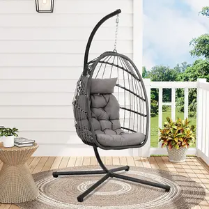 Grey Hanging Chair with Black Stand and Dark Grey Cushion