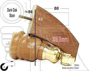 2x DARK OAK STAIN 165mm HIGH WOOD FURNITURE LEGS WITH BRASS CAULDRON CASTOR & 2 CURVED BACK FEET SETTEE CHAIRS, SOFAS M8 TSP2007
