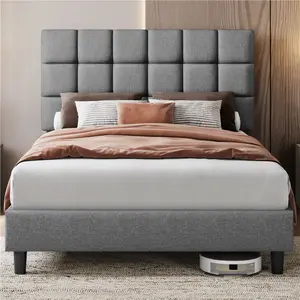 Size Modern Upholstered Bed Frame with Square Tufted Headboard Light Grey / Kingsize (5')