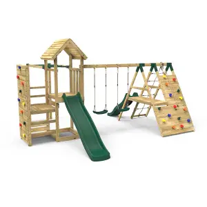 Rebo Wooden Climbing Frame with Vertical Rock Wall, Swing Set and Slide - Pennine+