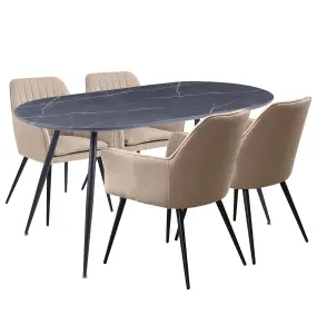 Hallowood Furniture Cullompton Large 160cm Oval Table, Grey Marble Effect Top, with 4 Light Brown Fabric Arm Chairs