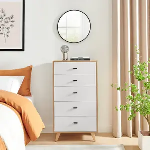 Furniturebox UK Bisset Off-White & Wood Effect Chest of 5 Drawers