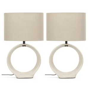 2 x Tia Natural Ceramic Table Lamp + 2 x 4W SES 3000K Tan Base/Biege Shade / Yes