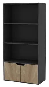 URBNLIVING Height 118Cm 4 Tier Wooden Bookcase Cupboard with Doors Storage Shelving Display Colour Black Door Oak Cabinet Unit