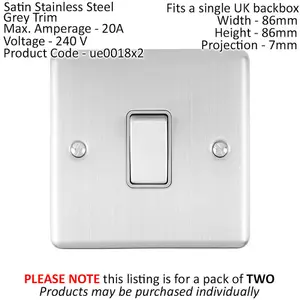 2 PACK 1 Gang 20A DP Single Switch SATIN STEEL & Grey Trim Appliance / Boiler