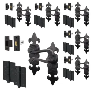 AFIT Black Antique Fleur De Lys Door Handle Latch Set - 6 Pairs Cast Iron Internal Lever Latch Handles, Hinges 76mm & Latch 64mm