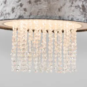 ValueLights Boland Silver Velvet Cylinder Ceiling Pendant Light Shade with Clear Acrylic Droplets