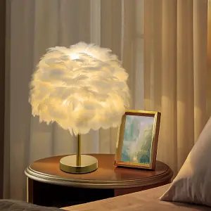 White Chic LED Feather Bedroom Bedside Table Lamp with Metal Base and Switch 30x38 cm