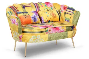 2 Seater Loveseat Small Sofa in Gold Patchwork Fabric