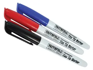 Faithfull 3 Permanent Marker Pens Fibre Tip Red Blue Black Pack FAIFTMMIX3