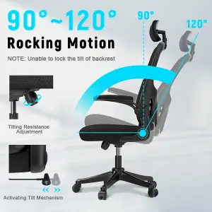 Office Desk Chair with Flip-Up Armrest, Adjustable Headrest and Lumbar Support or Home and Office-Black