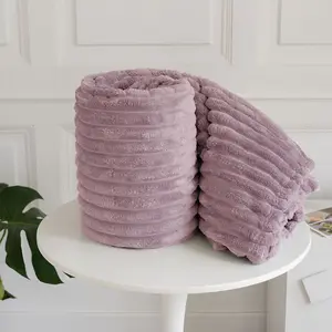 Chunky Ribbed Cord Faux Fur Velvet Touch Sofa Bed Throwover Soft touch Blanket Blush Pink (200 x 240CM)