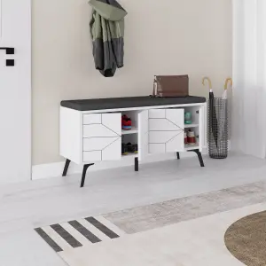 Decortie Modern Dune Shoe Storage Bench White with Fabric Seat 4 Doors Cabinet 107(W)cm Metal Legs Organizer Hallway