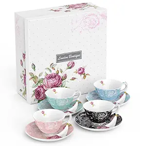 London Boutique Tea Cup and Saucer Set 4 Afternoon Tea Set New Bone China Vintage Flora Gift Box 200m Mixed Colours