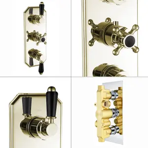 ENKI Regent English Gold Black Crosshead 2-Outlet Solid Brass Thermostatic Triple Shower Valve TSV041