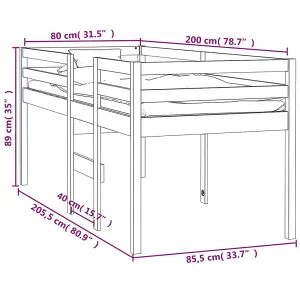 Berkfield High Sleeper Bed White 80x200 cm Solid Wood Pine